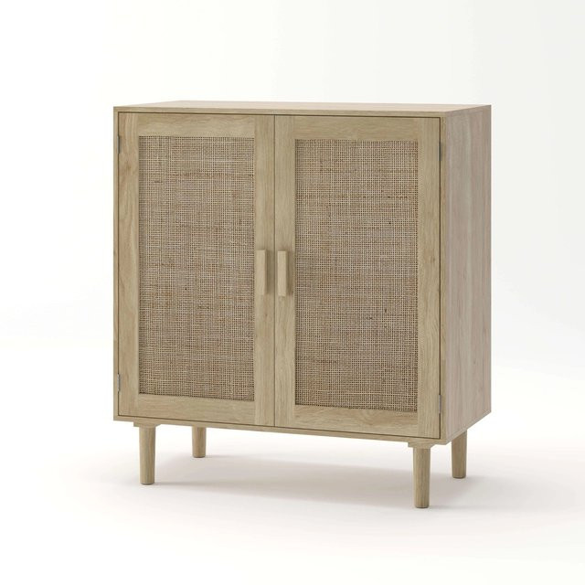 PXloue Rattan Sideboard Aufbewahrungsschrank mit 2 Türen in Schwarz, B/H/T: 88 x 80 x 40 cm - Bild 1