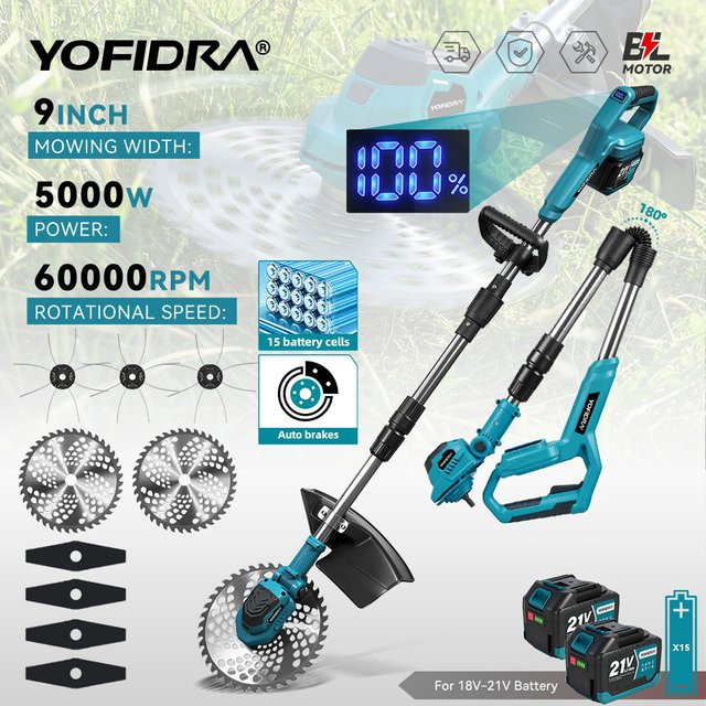 YOFIDRA Bürstenloser elektrischer Rasenmäher und kabelloser Rasentrimmer 9 Zoll, verstellbares Gartenschneidewerkzeug für Makita 21V Akku LXT - Bild 1