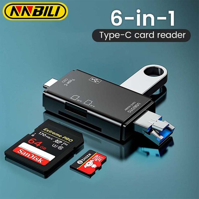NNBILI 6-in-1 USB-C Kartenleser mit OTG-Funktion, USB 2.0 Typ-C zu SD und TF Adapter, Schwarz - Bild 1