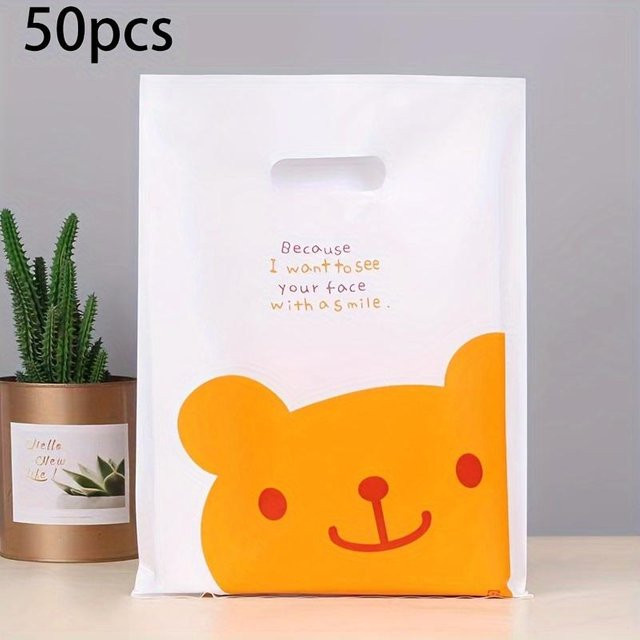 50er-Pack Niedliche Bär-Geschenktüten aus Kunststoff in Weiß, B/H: 15 x 20 cm - Bild 1