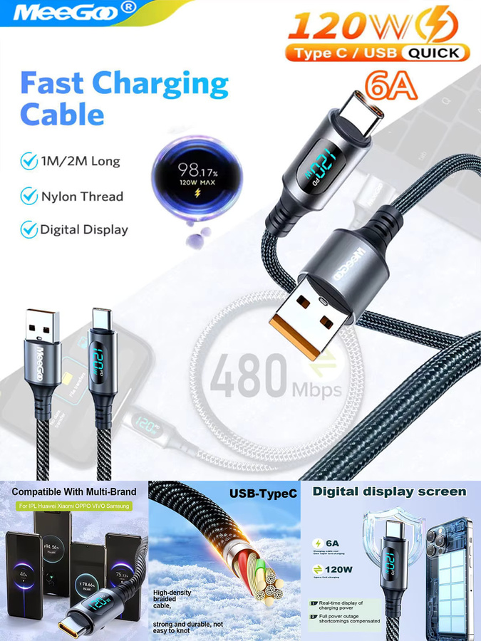 MeeGoo USB A auf Typ C Ladekabel mit 120W und LED-Digitalanzeige, 6A Superschnelles Nylon-Ladekabel für Xiaomi Redmi POCO und Samsung - Bild 5
