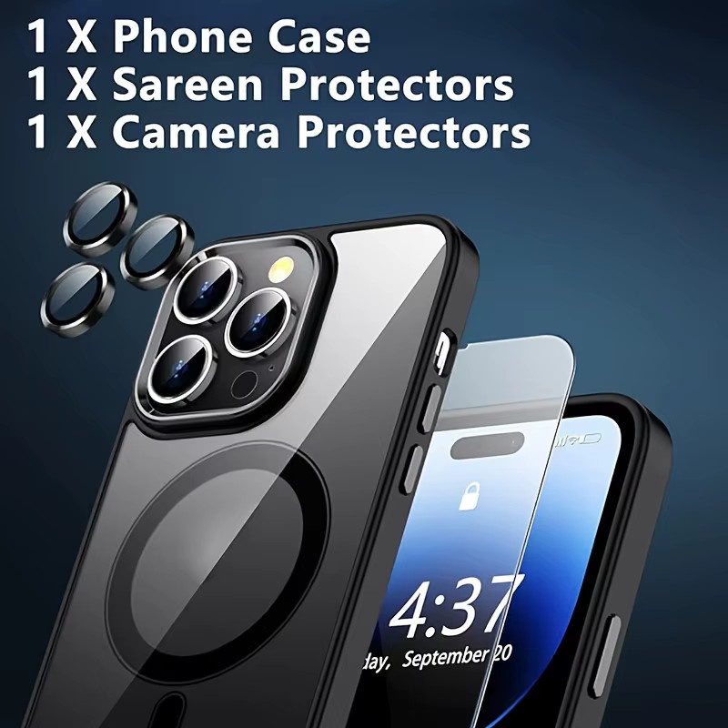 Schwarze 3 in 1 Magnet-Handyhülle mit Displayschutzfolie und stoßfestem Gehäuse für iPhone 15, 14, 13, 12 und 11 - Bild 2