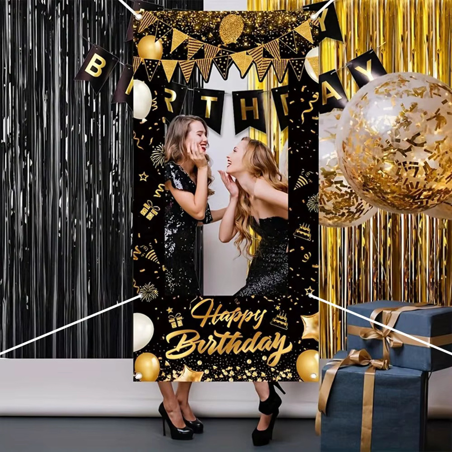 AFYPRTY Fotobox-Rahmen Happy Birthday in Schwarz-Gold, Rechteckiges Foto-Hintergrund-Banner aus Polyester für deine Geburtstagsparty, Breite: 120 cm, Höhe: 60 cm - Bild 5