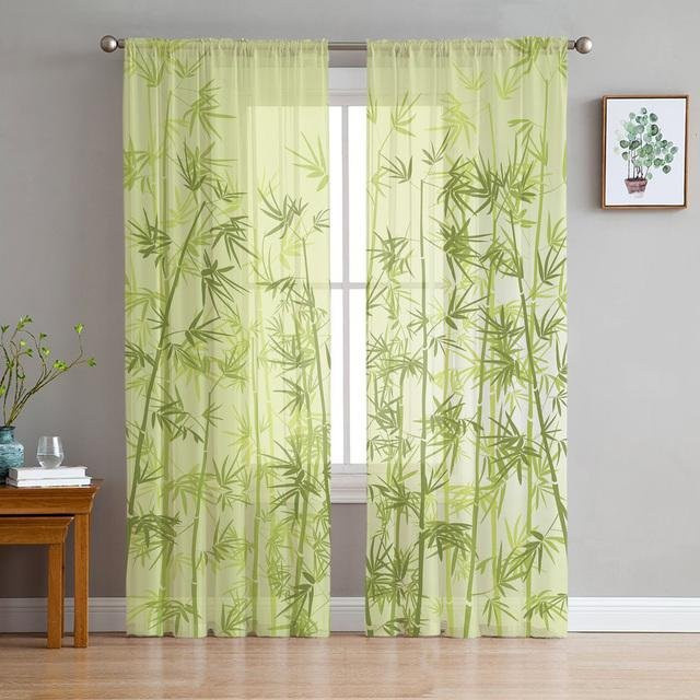 Transparenter Tüll-Vorhang mit grünem Bambusblatt-Design von A Family Of Home Textiles, Farbe Grün, B/H: 135 x 274 cm - Bild 1