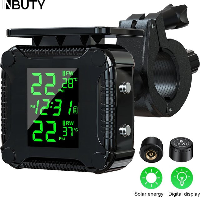 Inbuty TPMS Reifendruckkontrollsystem für Motorräder mit wasserdichtem LCD-Bildschirm und Temperaturanzeige in Schwarz - Bild 1