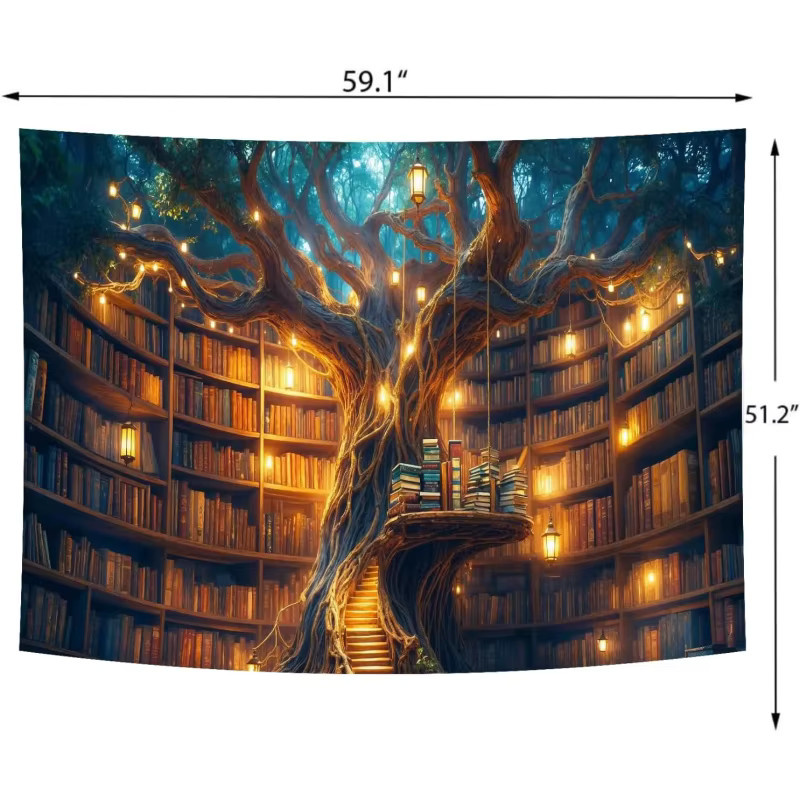 VIKAMA Fantasy Library Wandteppich mit magischem Bücherregal in Multicolour, Vintage Wanddekoration im abstrakten Stil, Breite: 90 cm, Höhe: 60 cm - Bild 5