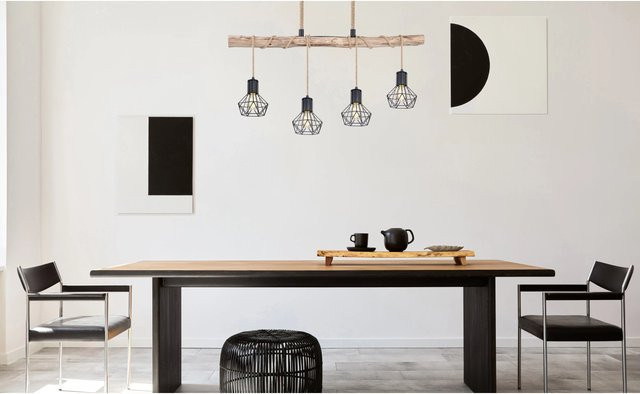Globo Pendelleuchte Priska 4-flammig Schwarz Matt mit Holz, B: 100 cm, H: 120 cm, T: 13,3 cm - Bild 1