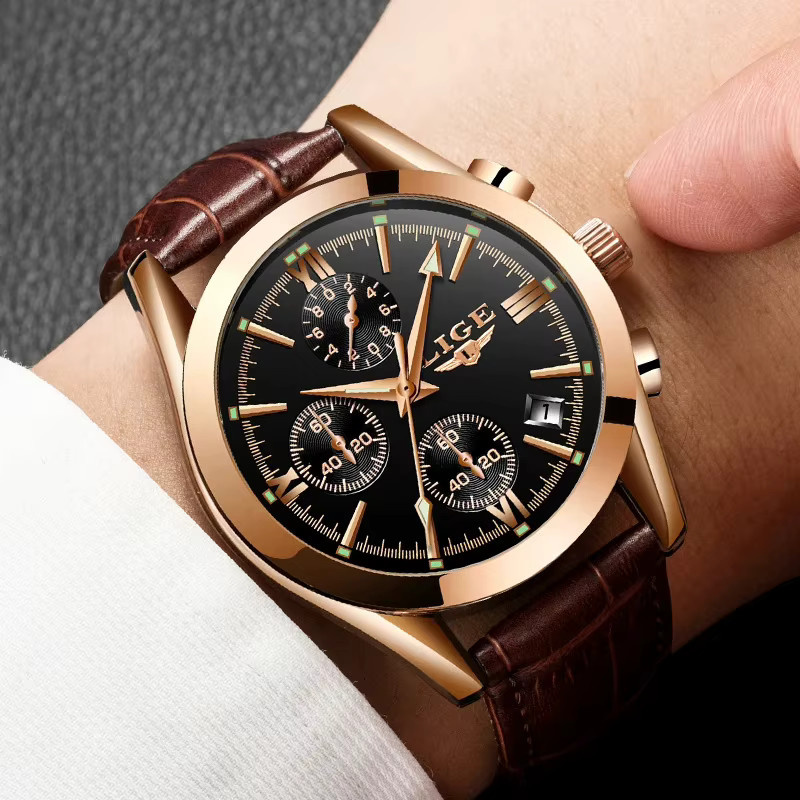 LIGE Chronograph Herren, Quarz, Leder, Schwarz, Roségold, Bicolor - Bild 5