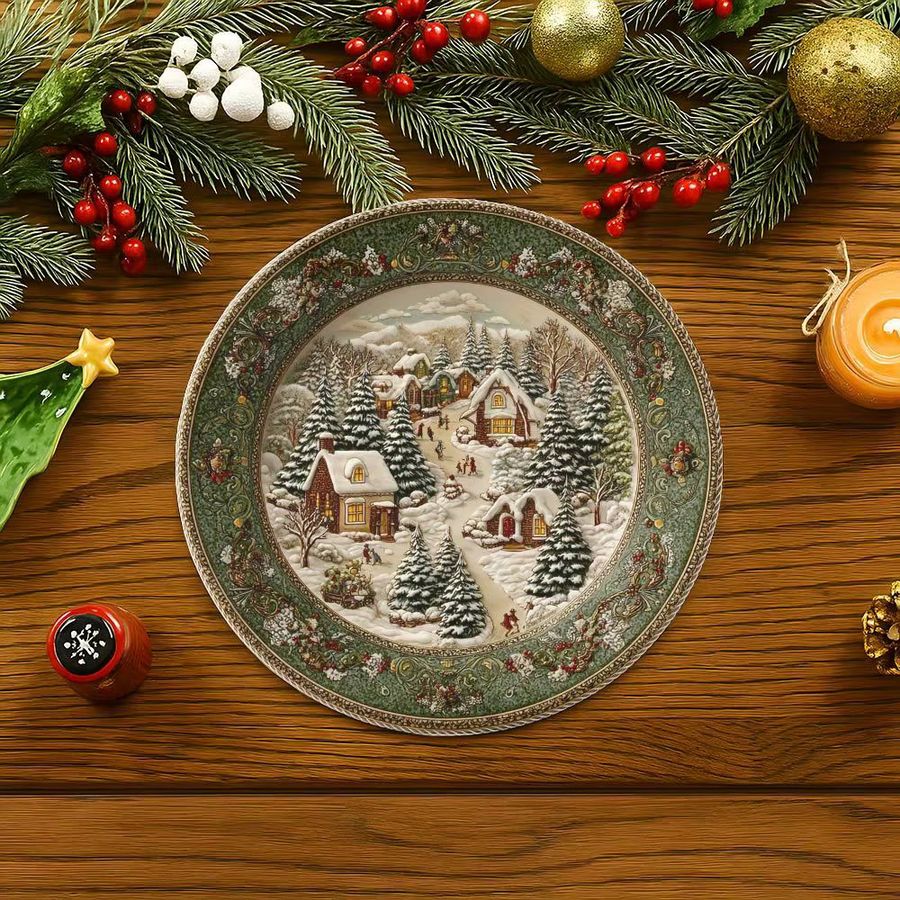 VIKAMA 4er Set Platzset Winterlandschaft mit Kiefernwald und Schneemann zur Tischdekoration - Bild 2