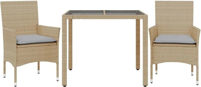 vidaXL 3-teilige Garten-Essgruppe aus Poly-Rattan mit Kissen und Glastisch in Beige-Grau - Bild 1