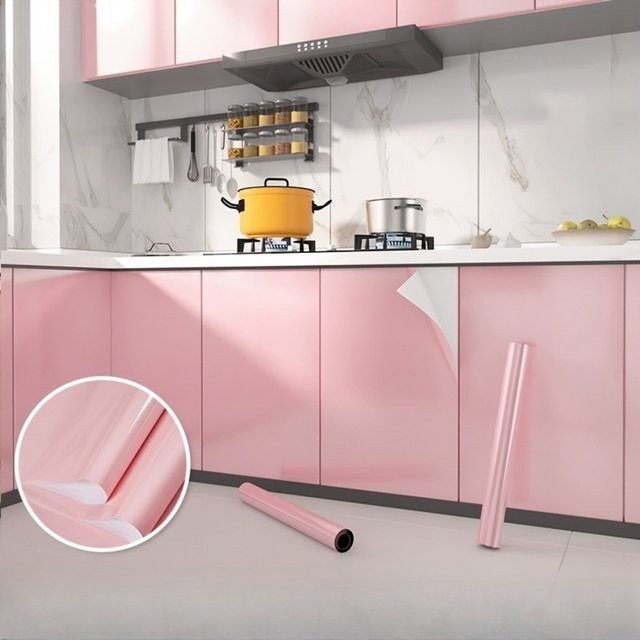 Selbstklebende Wokhome PVC-Perlfolie als wasserdichte Tapete für Möbel und Wände, Hochglanz-Möbelaufkleber in Rosa oder Schwarz - Bild 1