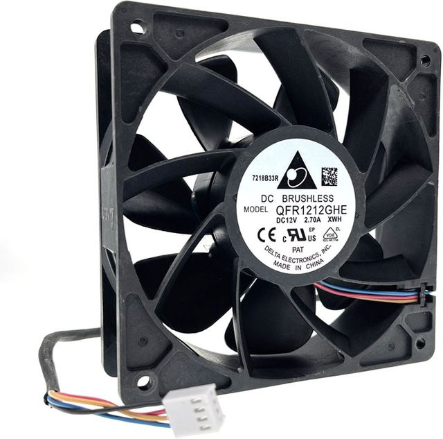 Delta QFR1212GHE High Speed Case Fan für Bitcoin GPU Miner, Schwarz, B/H/T: 12 x 12 x 3,8 cm, DC 12V, 6000RPM, Dual Kugellager, PWM 4P - Bild 1