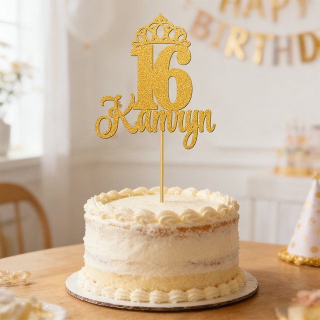 WEIGAO Glitzer Kuchen Topper mit Namenskrone und Altersnummer in Gold zur Personalisierung für Prinzessinnen Geburtstagsparty Dekoration - Bild 1