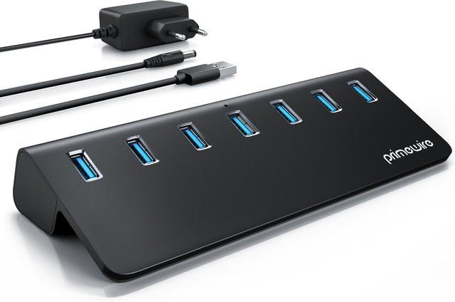 Primewire USB 3.2 Gen2 Hub, aktiver 7-Port-Verteiler mit Netzteil und USB-C, Schwarz - Bild 1