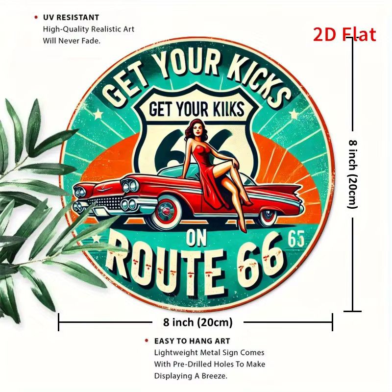 Potdemiel Rundes Metallschild Vintage Red Car on Route 66 Wandkunst Multicolor Durchmesser: 19,81 cm - Bild 3