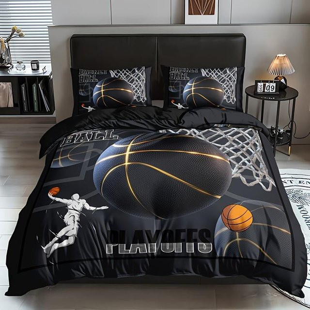 Bettwäscheset Sport-Basketball von Your Warm Home in Schwarz, bestehend aus 1 Bettbezug und 2 Kissenbezügen, atmungsaktiv mit HD-Druck, B/H: 140 x 210 cm, Kissenbezüge: 50 x 70 cm - Bild 1