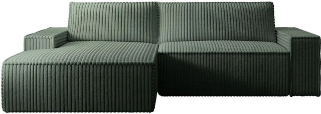 Vente-unique Schlafsofa Amelia in Tannengrün mit Cord-Bezug und L-Form - Bild 1