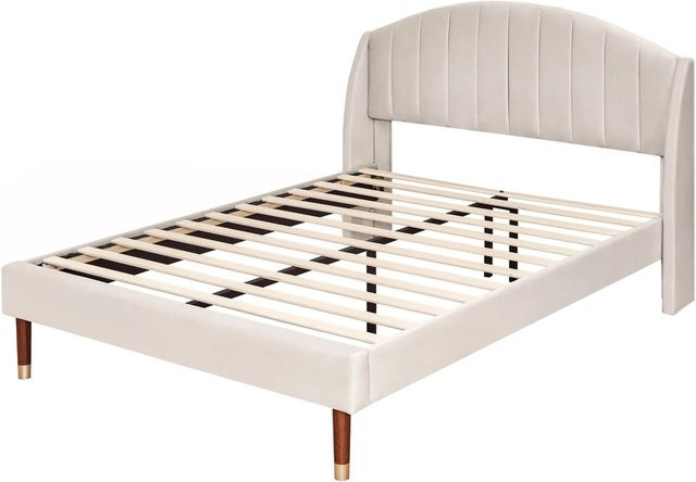 okwish Polsterbett aus Samt mit Kopfteil und Lattenrost in Beige, B/T/H: 140 x 190 x 108 cm - Bild 1