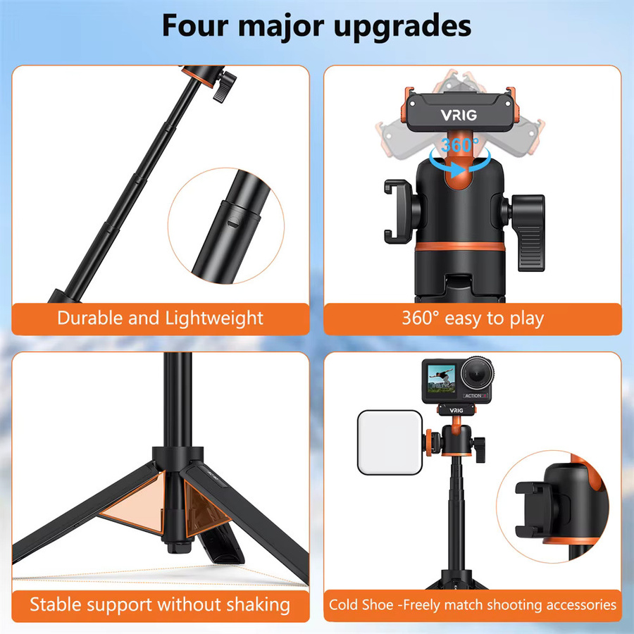 VRIG Magnetisches Stativ für DJI Osmo Action 5 4 3 in Schwarz mit 360-Grad-Kugelkopf und ColdShoe als verstellbarer Selfie-Stick-Ständer - Bild 4