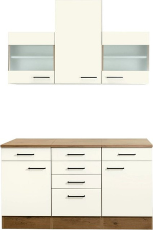 Küchenanrichte Vintea Flex-Well Classic in Magnolia matt mit Glastüren und Schubladen, B/T/H: 150 x 60 x 144 cm