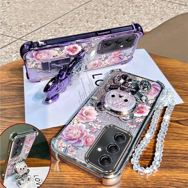 Samsung Handyhülle mit Blumenmuster und Standfunktion sowie Lanyard in Pink für Samsung Galaxy A25 A24 A15 A13 A12 A26 A04 A35 A71 A22 A53 A51 A03 A02 - Bild 1