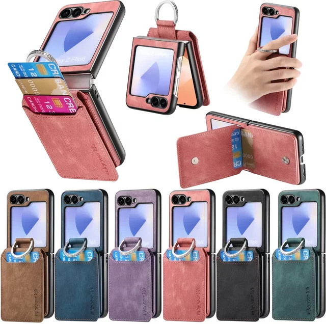 Retro Lederhülle mit Ringhalterung und Kartenhalter für Samsung Galaxy Z Flip 7 6 5 4 3 5G in Schwarz oder Braun - Bild 1