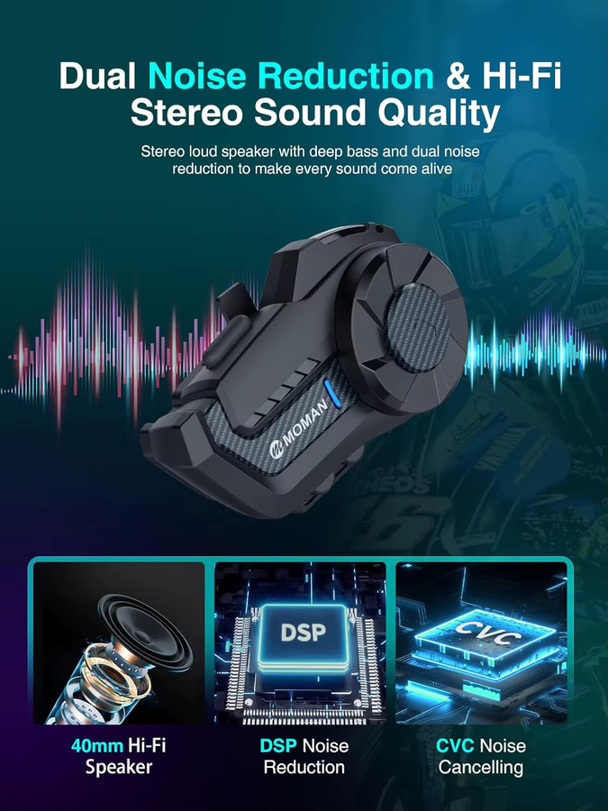 Moman Mesh Bluetooth 5.1 Helm-Intercom-Headset für Motorrad mit 1000m Funkreichweite in Schwarz - Bild 3