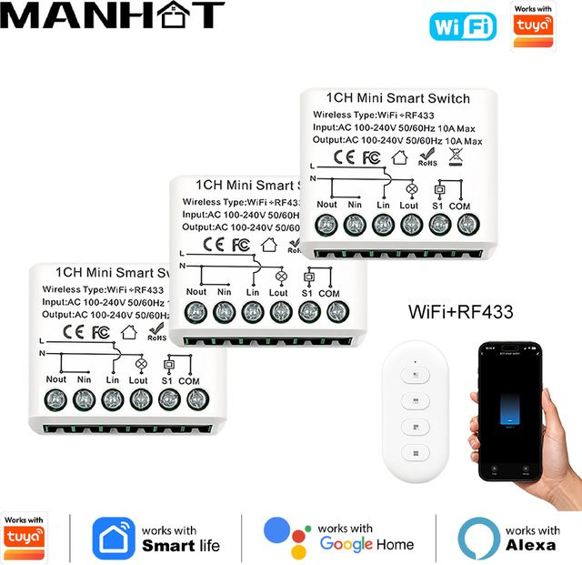 MANHOT Smart Switch Mini DIY Schaltmodul mit WiFi und RF433, 2-Wege Smart Relais zur Automatisierung, kompatibel mit Tuya und Google Home, Weiß - Bild 1