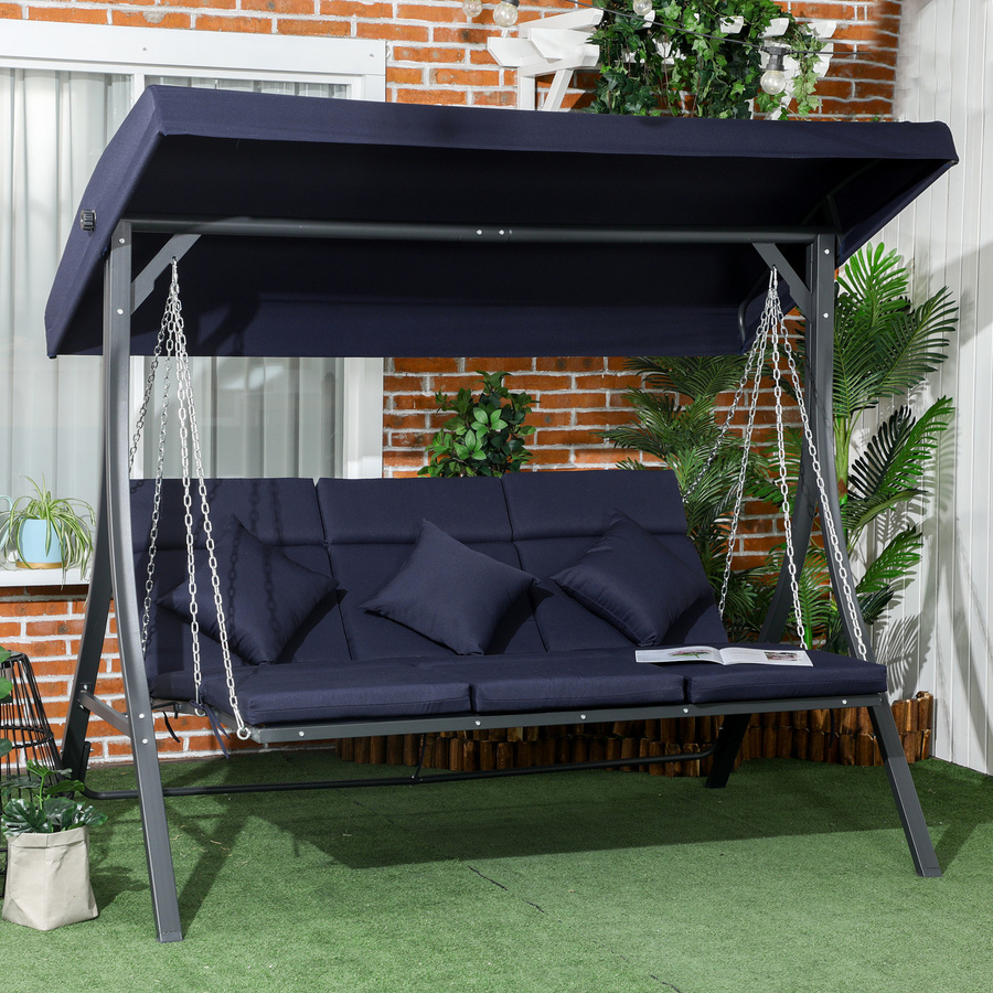 Outsunny Hollywoodschaukel 3-Sitzer mit Sonnendach und Kissen, Blau/Schwarz, B/T/H: 198 x 118 x 168 cm - Bild 2