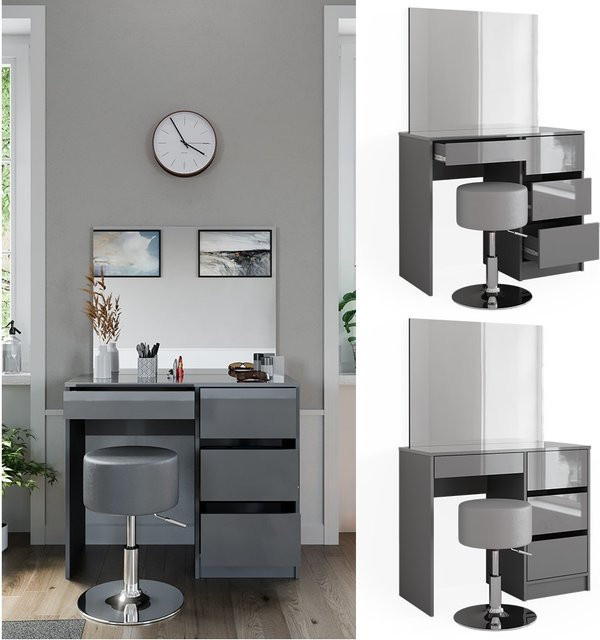 Vicco Schminktisch-Set Sherry Grau Hochglanz mit Spiegel und Hocker, Breite: 90 cm, Tiefe: 40 cm, Höhe: 75 cm - Bild 1