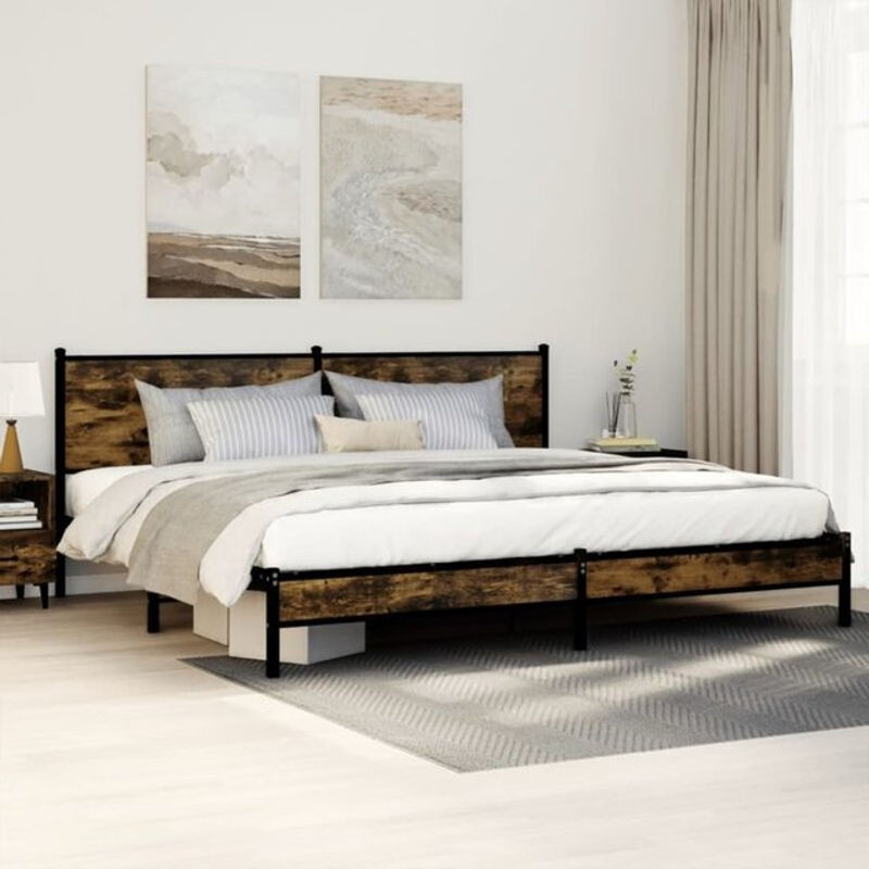 Metallbett vidaxl in Räuchereiche Braun im Industrial Design aus Stahl ohne Matratze B/T: 200 x 200 cm - Bild 1
