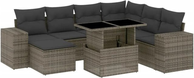 vidaXL 8-tlg Garten-Sofagarnitur in L-Form aus grauem Poly-Rattan mit Kissen und pulverbeschichtetem Stahlgestell - Bild 1