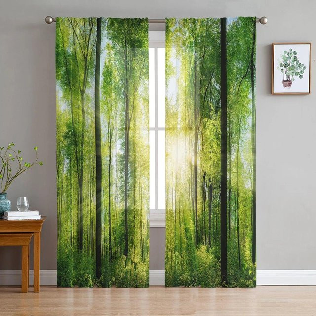 Woods Sunshine bedruckter Tüllvorhang mit floralem Design, transparent grün, B: 135 cm, H: 137 cm - Bild 1
