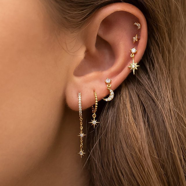 Yuedane Hoop Ohrring, Edelstahl, Zirkonia, Gold, Damen, Stern Mond Anhänger - Bild 1