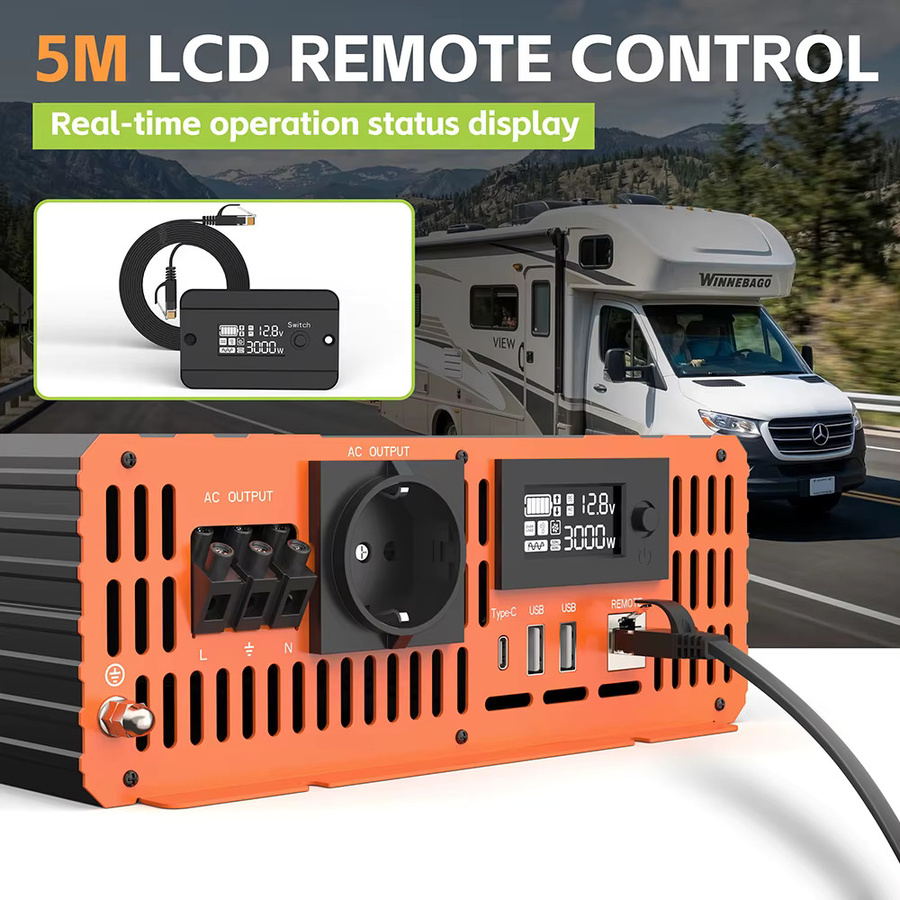 YULONGNE Reiner Sinus-Wechselrichter 3000W mit 6000W Spitzenleistung, DC12V zu AC230V, Schwarz, mit Fernbedienung und LCD-Display für Wohnmobile, LKW und Notstromversorgung - Bild 4