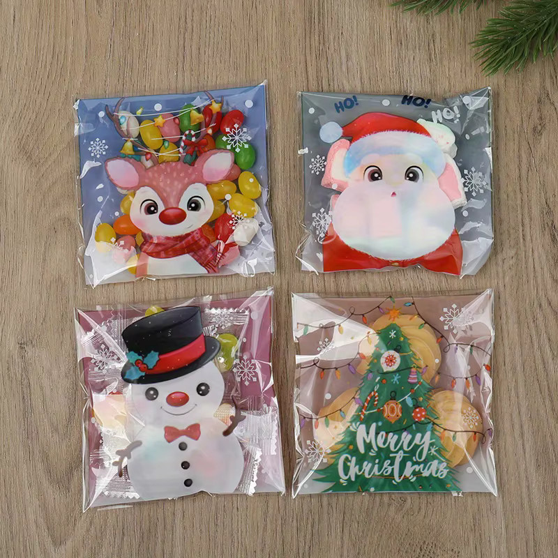 100 Stück EIK Weihnachts-Geschenktüten mit Weihnachtsmann und Schneemann Motiv, transparente selbstklebende Kekstüten für Weihnachtsfeiern und Neujahr - Bild 2