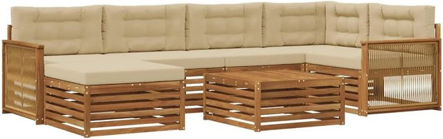 vidaXL Outdoor-Sofagarnitur in L-Form aus Akazienholz mit 7 Kissen, Natur und Beige - Bild 1