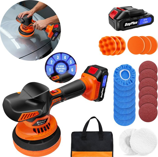 DayPlus Akku-Autopuffer-Poliermaschinen-Set mit Digitalanzeige in Orange, inklusive 2 Akkus und 6 Geschwindigkeiten - Bild 1
