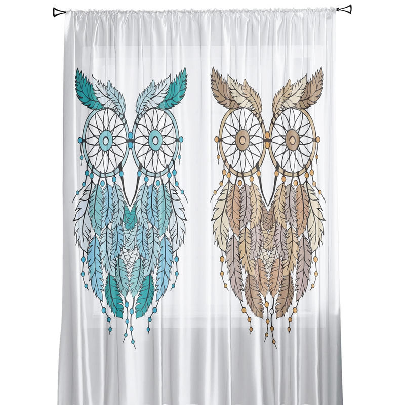 A Family Of Home Textiles Traumfänger-Eulenfeder-Fenstervorhang aus Tüll, transparenter Vorhang mit Cartoon-Motiv für Wohnzimmer und Schlafzimmer, B: 135 cm, H: 114 cm - Bild 3