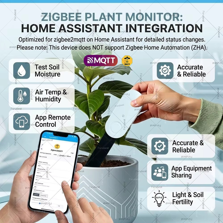 Forubest Zigbee Pflanzenboden-Sensor zur Messung von Bodenfeuchtigkeit, Lichtstärke, Fruchtbarkeit, Luftfeuchtigkeit und Temperatur in Weiß für Tuya Home Assistant Z2M - Bild 4