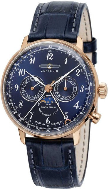 Zeppelin Herrenuhr, Chronograph, Quarz, Edelstahl, 40 mm, Blau, Leder - Bild 1