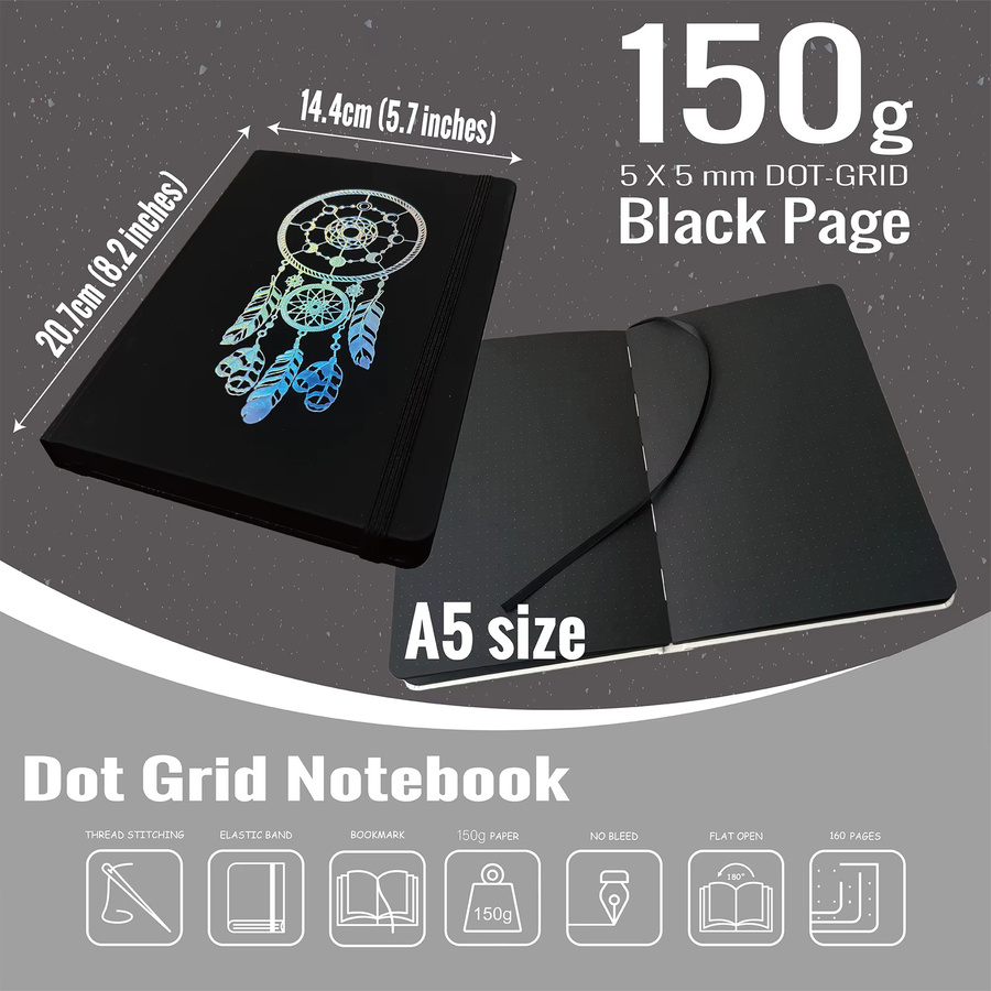 Buke Notebook A5 Dot Grid Journal mit Dreamcatcher-Einband, Hardcover, Schwarz, gepunktetes Layout 5 x 5 mm, 150 g/m2 Papier, B/H: 14,3 x 20,5 cm - Bild 2