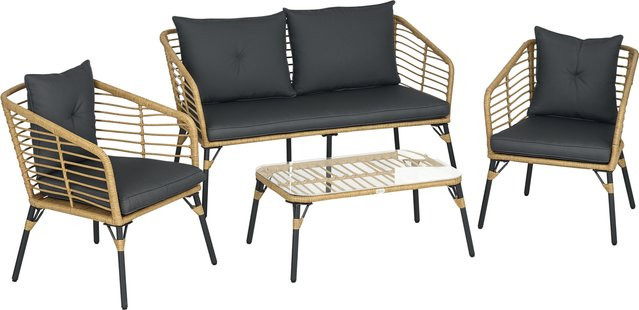 Outsunny 4-teiliges Gartenmöbel-Set aus PE-Rattan und Stahl im Boho-Stil mit Kissen, Farbe Sand/Dunkelgrau, B: 63 cm, T: 131 cm, H: 76 cm - Bild 1