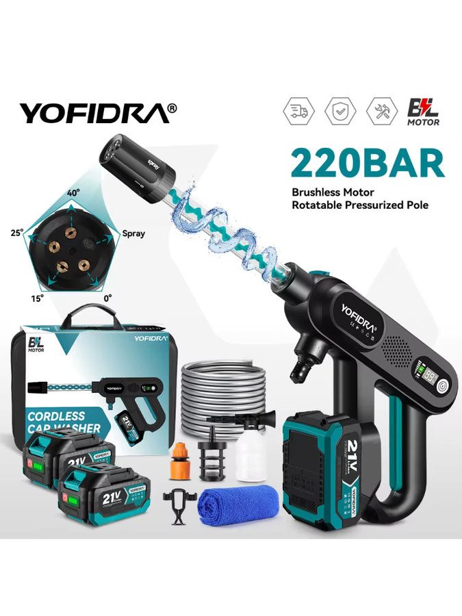 YOFIDRA Bürstenlose Autowaschanlage in Schwarz, 220 Bar, kabelloses Reinigungsgerät mit 3 Gängen für Makita 18–21 V Akku-Pins zur Gartenreinigung und Bewässerung - Bild 6