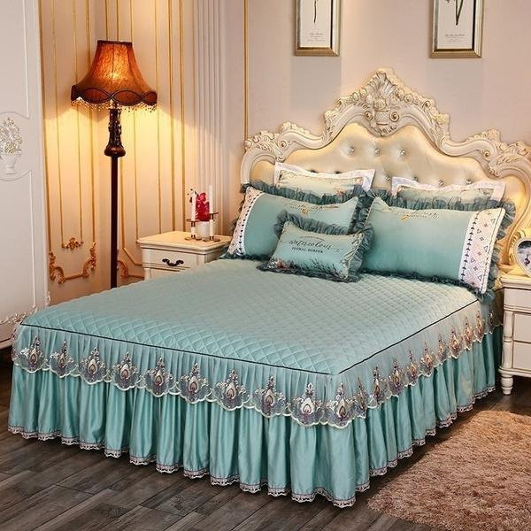 Luxus Bettwäsche-Set Prinzessin mit Spitze und gesteckter Tagesdecke aus Baumwollmischung, Hellgrün, B/T: 180 x 220 cm - Bild 1