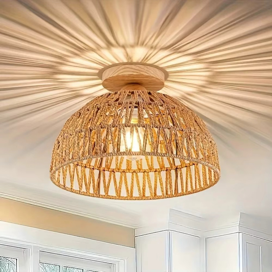 JOYINLED Wabi-sabi Deckenleuchte aus handgewebtem Rattan in Braun mit E27 Fassung im Vintage-Design - Bild 2