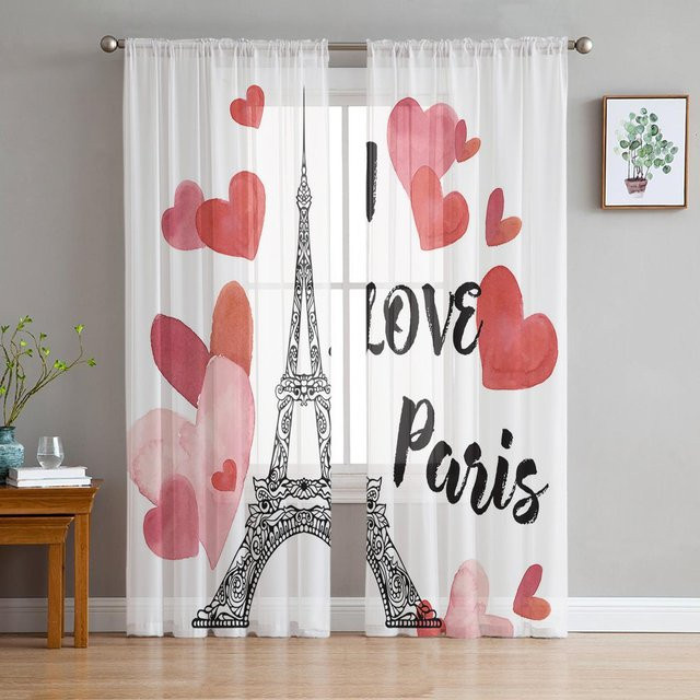 A Family Of Home Textiles Transparenter Tüllvorhang Eiffelturm Design in Rot und Weiß, Moderner Chiffon Voile Vorhang für Wohnzimmer und Küche, Breite: 135 cm, Höhe: 114 cm - Bild 1