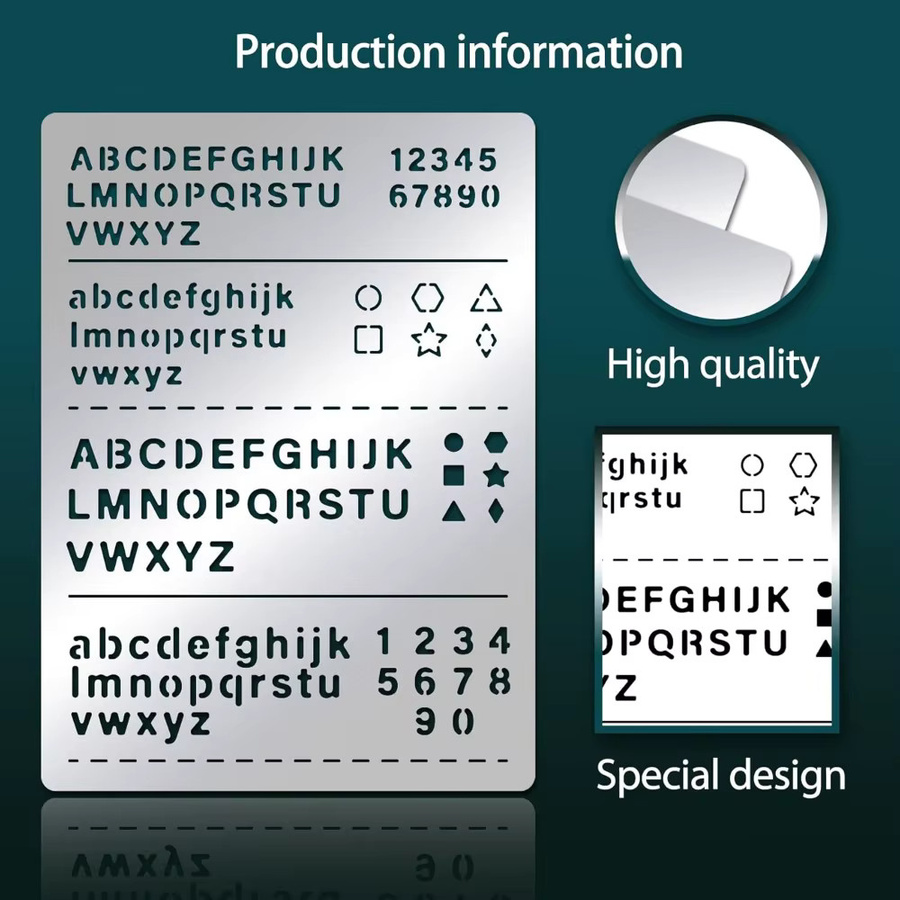 Edelstahl Schablonen-Set aus Metall mit Buchstaben, Pentagrammen und Dreiecken in Silber - Bild 3