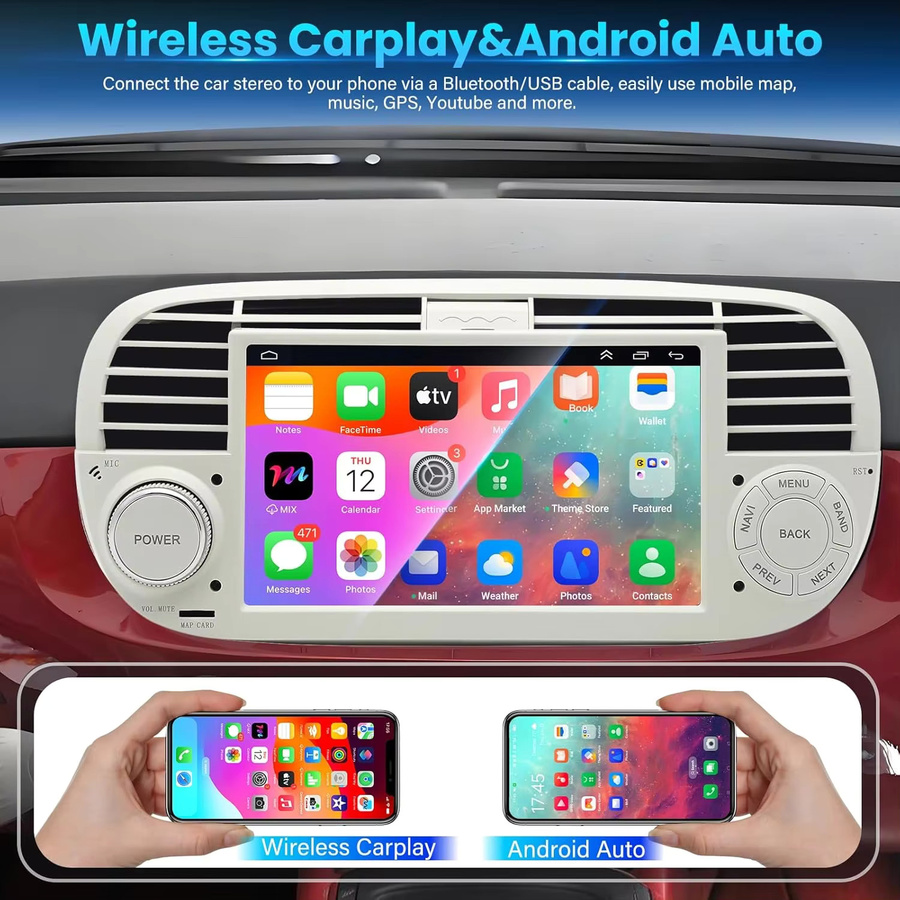 XFY Android 14 Autoradio mit Wireless CarPlay für FIAT 500 Abarth 2007 bis 2015, 2Din Multimedia-Bildschirm mit GPS, Bluetooth und Wi-Fi in Schwarz und Silber - Bild 3