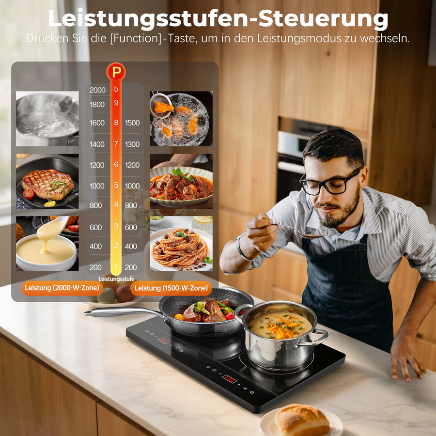KICHPOWER Induktionskochfeld mit 2 Platten, 3500W, Schwarz, Glasoberfläche, Touch-Steuerung mit 10 Stufen, Timer und Kindersicherung, tragbar für Camping-Küche - Bild 3